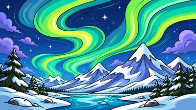 a flowing aurora over snowy peaks, wide sweeping composition, no people, no text