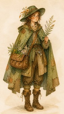 full-body original character: a wandering botanist with a satchel of plants, a patched green cloak, tall boots and round glasses, neutral background