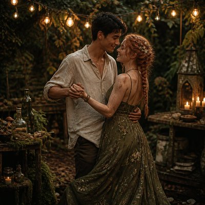 an original couple dancing under string lights in a garden at dusk: a man with short black hair in a linen shirt and a woman with braided red hair in a summer dress
