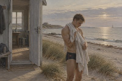 a danish athlete dries off on the shore with his towel after his swim