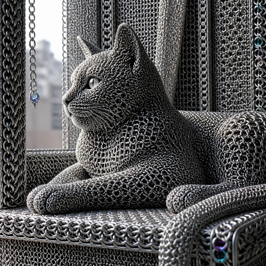 a cat lounging in a sunlit window — Chainmail Jewelry Style