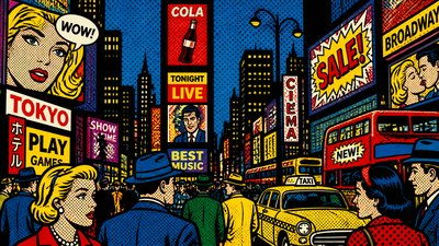 bustling city street panorama at dusk