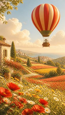 a hot air balloon drifting over rolling flower fields on a sunny day, cheerful, no text