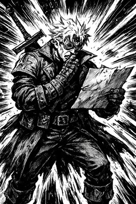 a black and white drawing of a man holding a knife