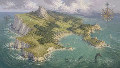 a map of an island realm with mountains, forests, a sheltered bay, sea monsters in the water and a compass rose, no text labels