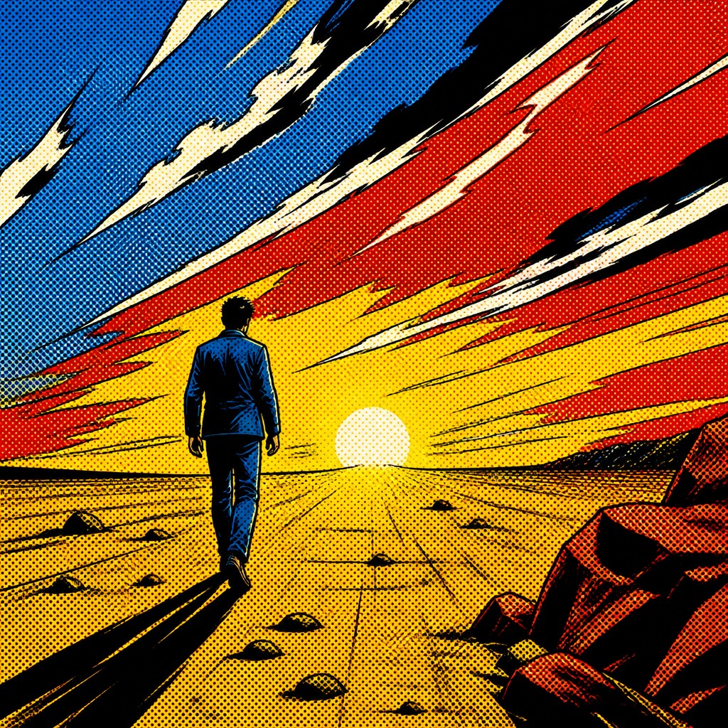 a solitary figure walking toward a glowing horizon across an empty plain, moody atmosphere, no text or lettering