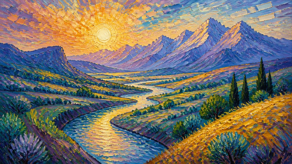 a vast valley with a river winding toward distant mountains at sunrise, no people, no text