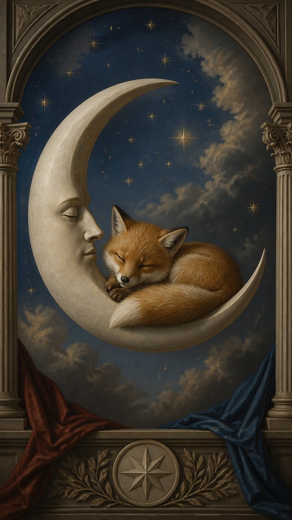 a sleeping baby fox curled on a crescent moon among soft stars, gentle and warm, no text