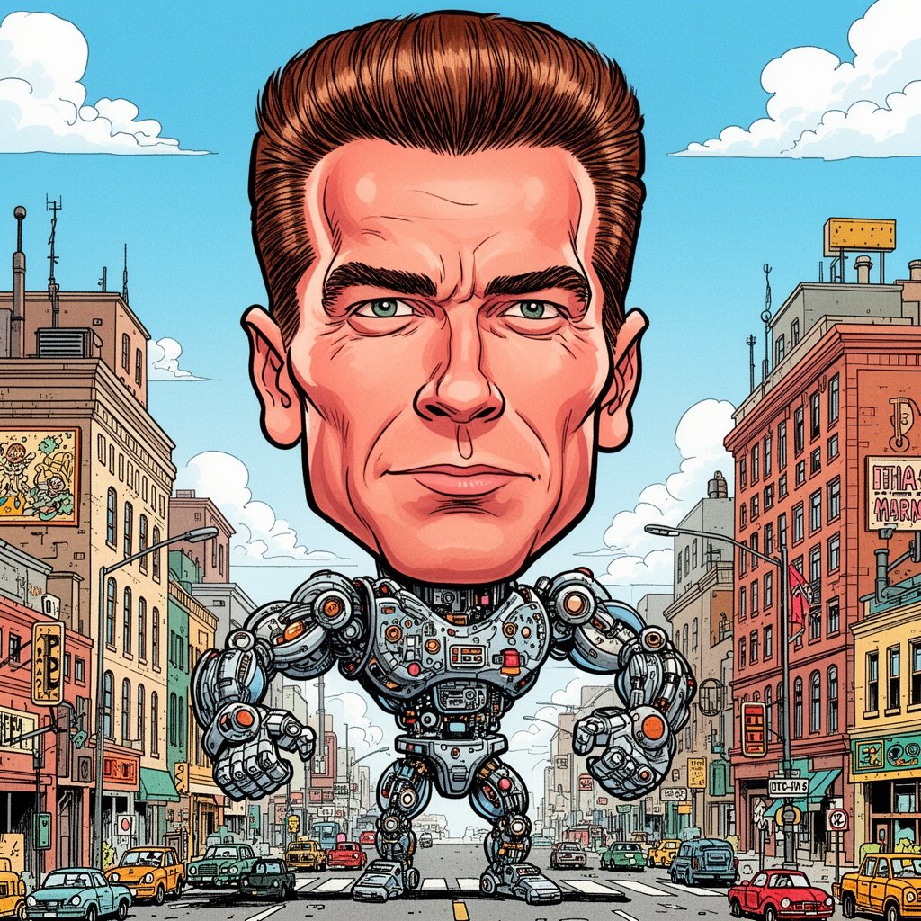 Arnold Schwarzenegger, extreme caricature, enormously tall crew cut hair, massive muscles, tiny lower body, exaggerated robotic expression, big head on tiny body, thick crisp black outlines, vibrant saturated colors, clean comic illustration style