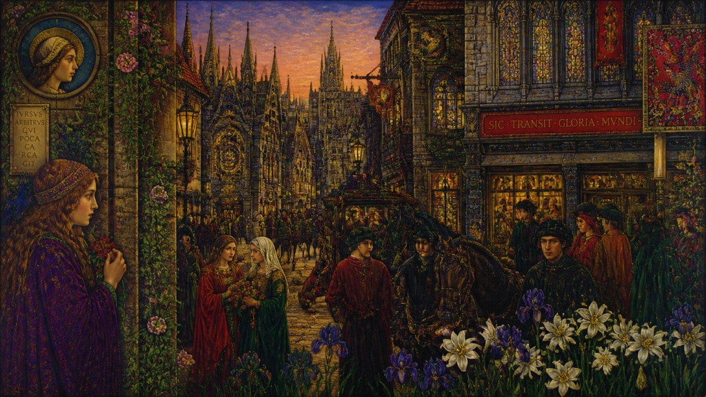 bustling city street panorama at dusk