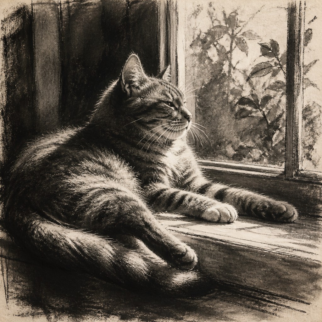 a cat lounging in a sunlit window