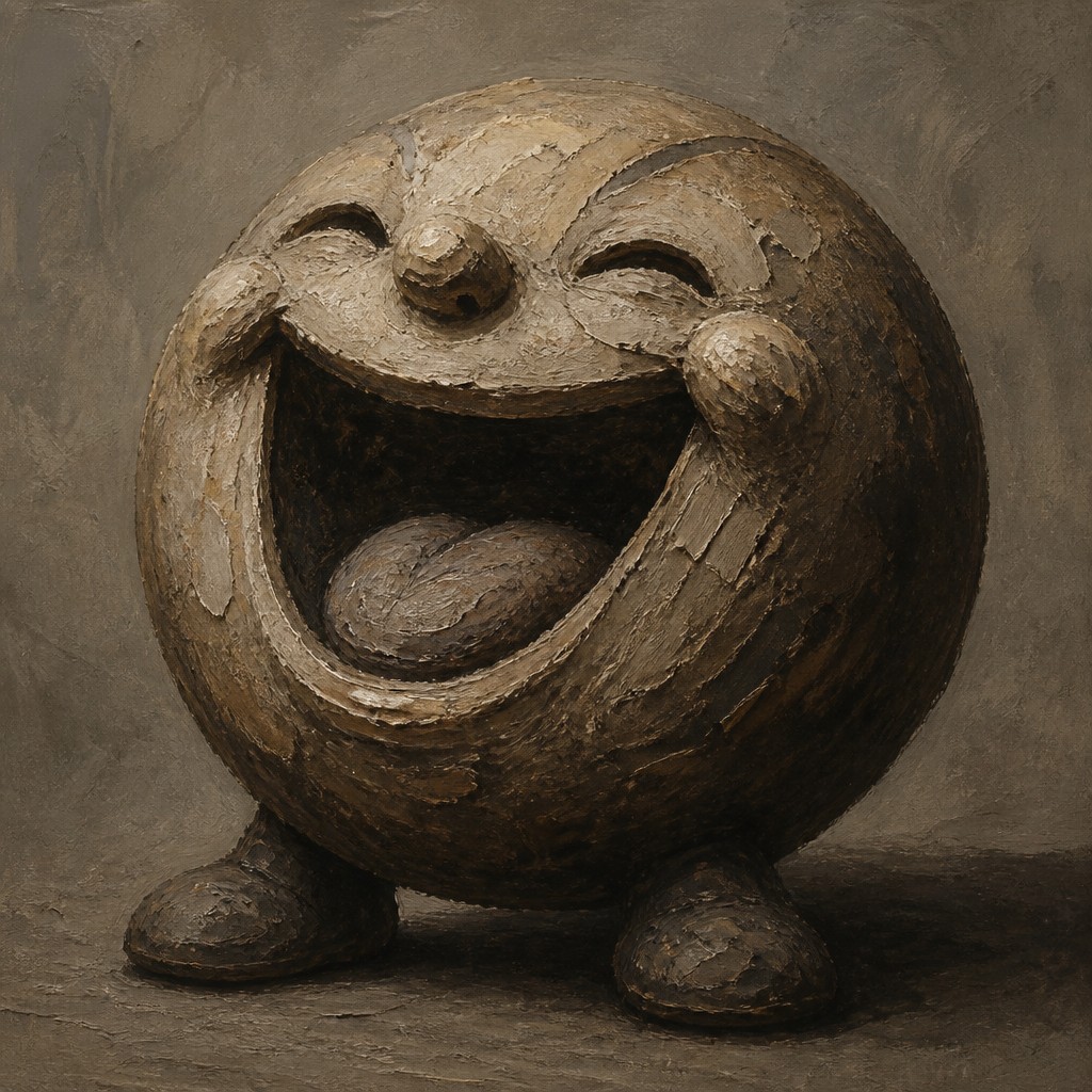 an exaggerated laughing face of an original round mascot character, bold and readable at small size, plain background, no text