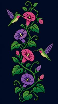 a climbing vine of flowers and hummingbirds on a dark background, tall wrapping composition, no text