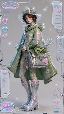 full-body original character: a wandering botanist with a satchel of plants, a patched green cloak, tall boots and round glasses, neutral background