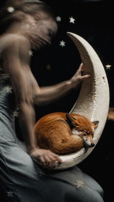 a sleeping baby fox curled on a crescent moon among soft stars, gentle and warm, no text