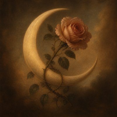 a rose entwined with a crescent moon, clean balanced composition on a plain background, no text
