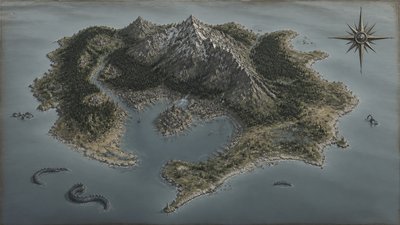 a map of an island realm with mountains, forests, a sheltered bay, sea monsters in the water and a compass rose, no text labels