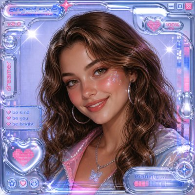 head-and-shoulders portrait of an original character: a young woman with wavy chestnut hair and a warm smile, plain soft backdrop