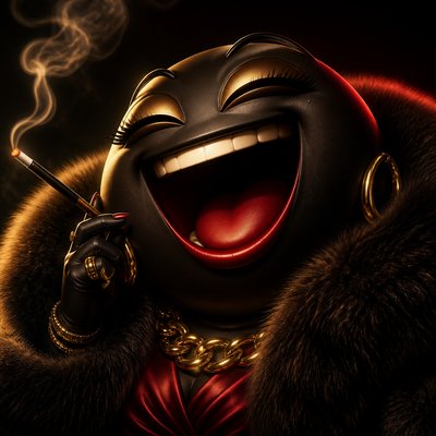an exaggerated laughing face of an original round mascot character, bold and readable at small size, plain background, no text