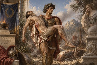 a painting of a man being carried by a woman