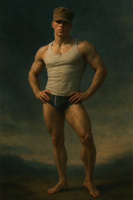 a man in a tank top and shorts posing for a picture