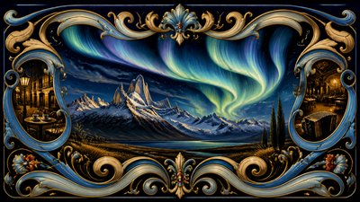 a flowing aurora over snowy peaks, wide sweeping composition, no people, no text