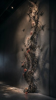 a climbing vine of flowers and hummingbirds on a dark background, tall wrapping composition, no text
