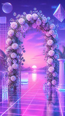 an arch of white roses and eucalyptus in soft morning light, elegant vertical composition with open space, no text