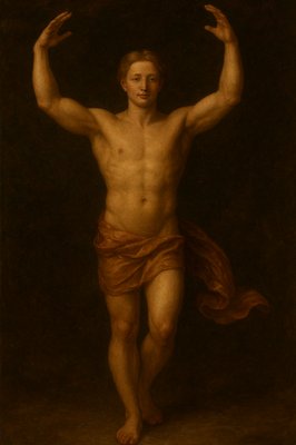 a painting of a man with his hands in the air