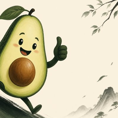 a happy avocado character giving a thumbs up, bold readable design on a plain background, no text