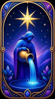 a robed figure pouring water beneath a large eight-pointed star in a night sky, symmetrical composition with an ornate decorative border, no text