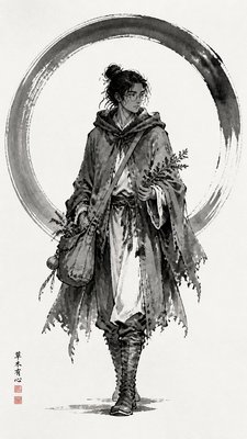 full-body original character: a wandering botanist with a satchel of plants, a patched green cloak, tall boots and round glasses, neutral background