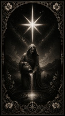 a robed figure pouring water beneath a large eight-pointed star in a night sky, symmetrical composition with an ornate decorative border, no text