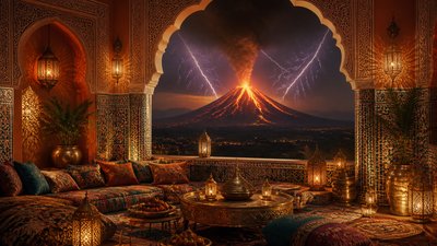 an erupting volcano with lightning strikes, dramatic wide composition, no text