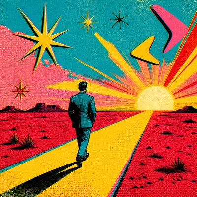a solitary figure walking toward a glowing horizon across an empty plain, moody atmosphere, no text or lettering