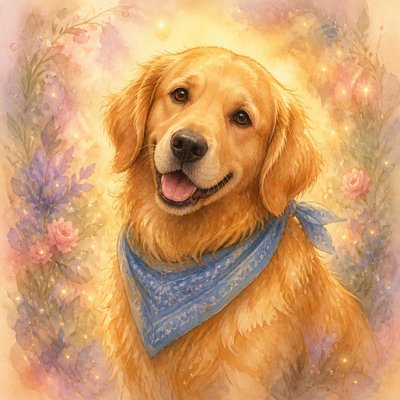 portrait of a golden retriever wearing a blue bandana, warm plain backdrop, no text