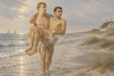a painting of two men walking on the beach