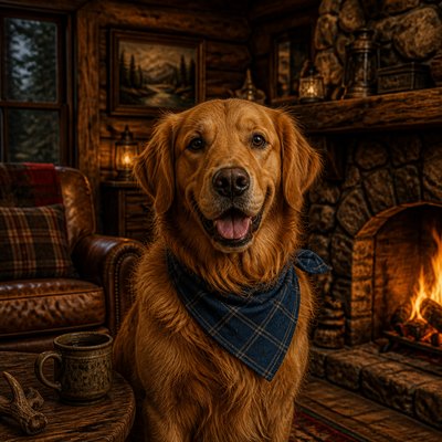 portrait of a golden retriever wearing a blue bandana, warm plain backdrop, no text