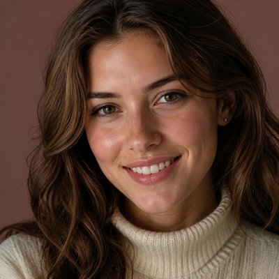 head-and-shoulders portrait of an original character: a young woman with wavy chestnut hair and a warm smile, plain soft backdrop