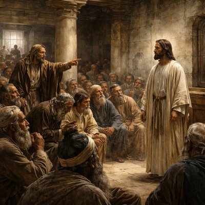 “The Jews then murmured at him, because he said, I am the bread which came down from heaven.” (John 6:41, KJV)
Do not put bread in the picture but rather the setting is Jesus teaching in synagogue in Capernaum with the people looking disgruntled, some whispering to eat other and perhaps someone standing and speaking out to Jesus.
