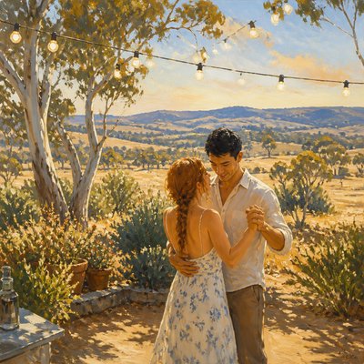 an original couple dancing under string lights in a garden at dusk: a man with short black hair in a linen shirt and a woman with braided red hair in a summer dress