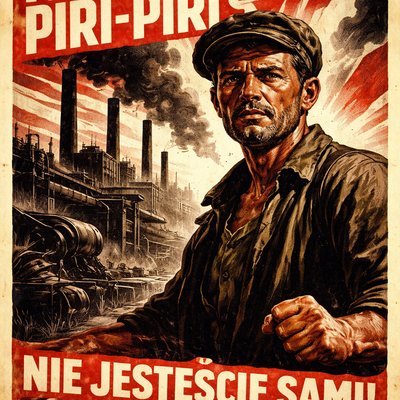 A dramatic Soviet-style propaganda poster.
Depict a poor, sad working-class man in worn clothes, with a tired but dignified expression on his face. He stands in the foreground, slightly turned toward the viewer.
In the background: a large industrial factory with smokestacks, heavy machinery, and dark smoke rising into the sky.
The atmosphere is serious, emotional, and ideological — showing hardship, struggle, and hope for liberation.
Strong socialist realism style inspired by classic USSR propaganda posters from the 1930s–1950s.
Bold shapes, high contrast, limited color palette (red, black, beige, muted yellow).
Sharp lines, heroic composition, dramatic lighting.
Add a bold propaganda slogan in clear, vintage typography:
“Proletariusze Piri-Piri — nie jesteście sami!”
The text should be prominent and integrated into the poster design.
No modern elements, no realism photography — illustrated, painterly propaganda art style.