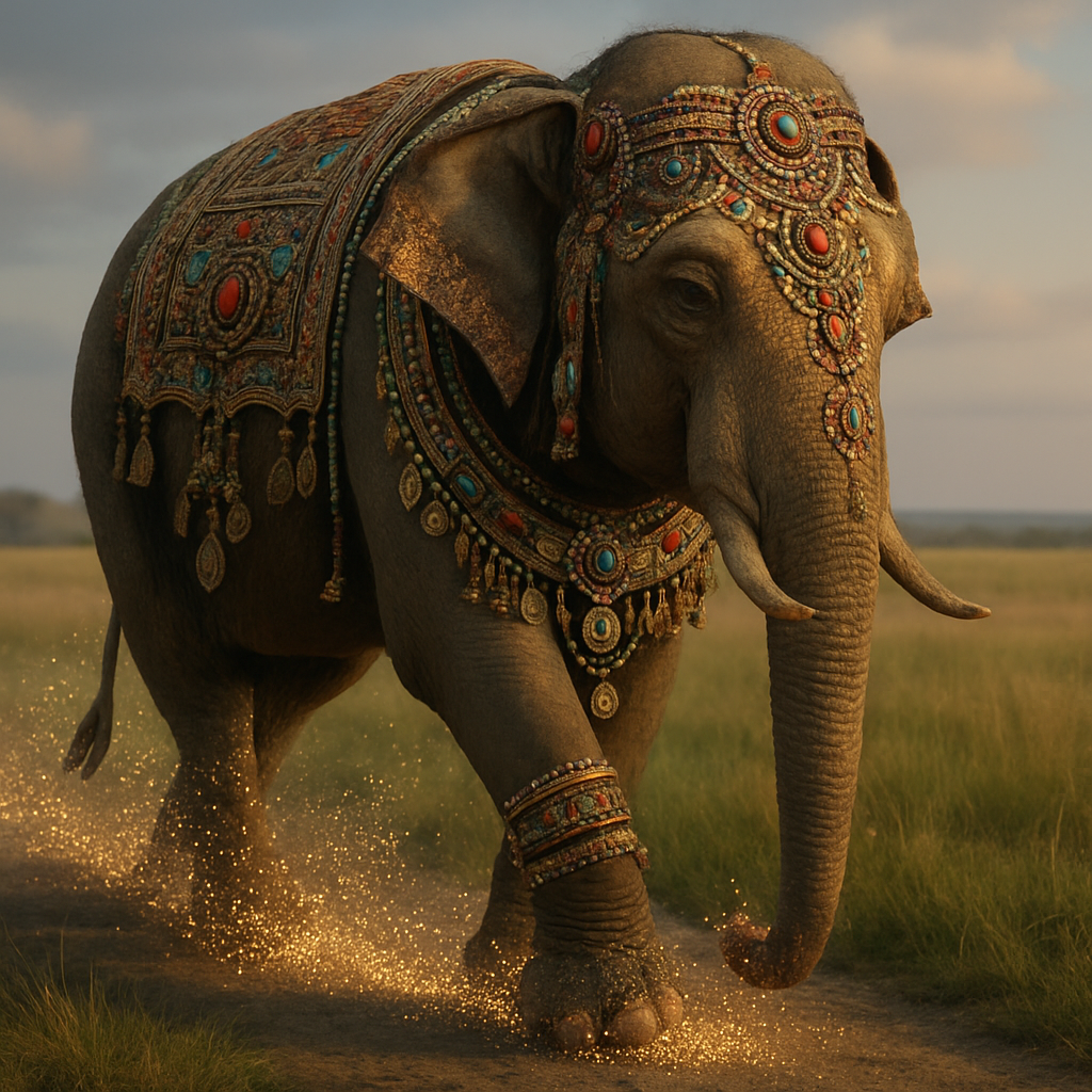 Hyper-realistic Asian Elephant in an open grassland, leaving a shimmering trail of glittering sparkles where it goes, extreme detail, photorealistic, cinematic lighting
