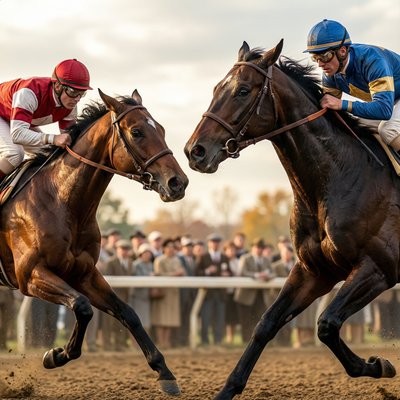 Seabiscuit vs. War Admiral (The Gaze)

    A hyper-realistic, high-resolution photograph capturing the apex of the 1938 match race between Seabiscuit and War Admiral.

    Focus: The composition is tight, showing both horses running neck-and-neck, dominating the frame. The camera angle is side-on and slightly low, emphasizing their size and muscle. The critical focus is on the space between the horses' heads as they are running stride for stride.

    Details: War Admiral (the dark bay) should show determination and slight surprise, with his head stretched out. Seabiscuit (the smaller bay) should display his characteristic "game" look—intense, focused, and seemingly looking directly into War Admiral's eyes (or toward his rival). Both jockeys (Red Pollard or George Woolf for Seabiscuit; Charles Kurtsinger for War Admiral) are visible, leaning low and urging their mounts on.

    Atmosphere: The light should be bright but slightly diffused, suggesting an autumn afternoon at Pimlico. Dust and track debris are kicked up behind them, blurred slightly by the horses' tremendous speed. The image must convey the raw power, intense rivalry, and the exact moment when the smaller horse asserts his dominance.

    Style: Cinematic photography, realistic texture, sharp focus on the horses' eyes and muscle definition.