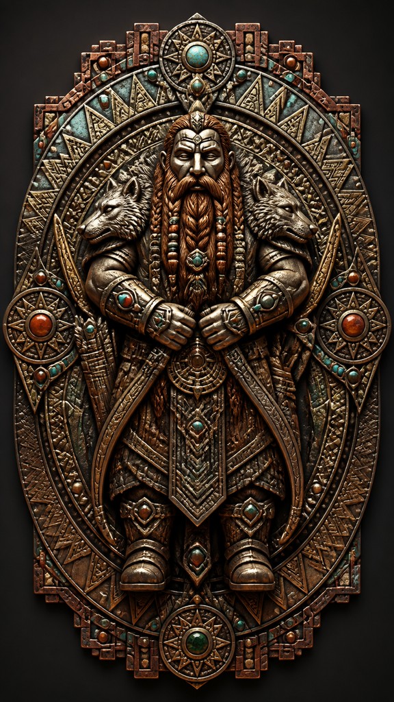 full-body original character: a dwarven ranger with a braided auburn beard, worn leather armor, a longbow and a wolf-pelt cloak, neutral background, no text
