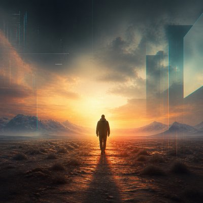 a solitary figure walking toward a glowing horizon across an empty plain, moody atmosphere, no text or lettering