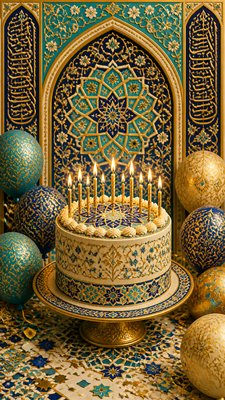 a birthday cake with lit candles surrounded by balloons and confetti, festive vertical composition, no text