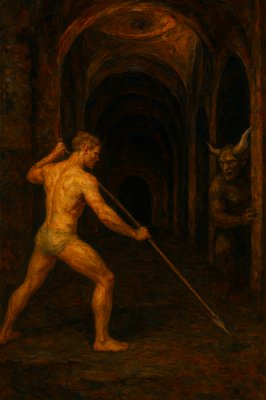 a painting of a man holding a stick in a tunnel