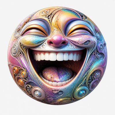 an exaggerated laughing face of an original round mascot character, bold and readable at small size, plain background, no text