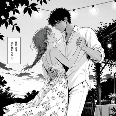 an original couple dancing under string lights in a garden at dusk: a man with short black hair in a linen shirt and a woman with braided red hair in a summer dress